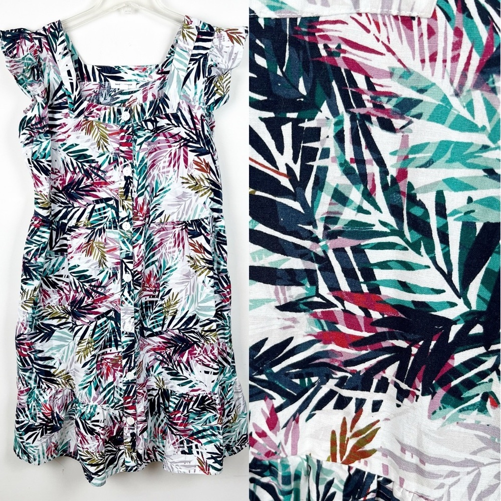 Beach Lunch Lounge Linen Tropical Palm Print Dress Cotton Medium Vacation Cruise - Picture 11 of 11